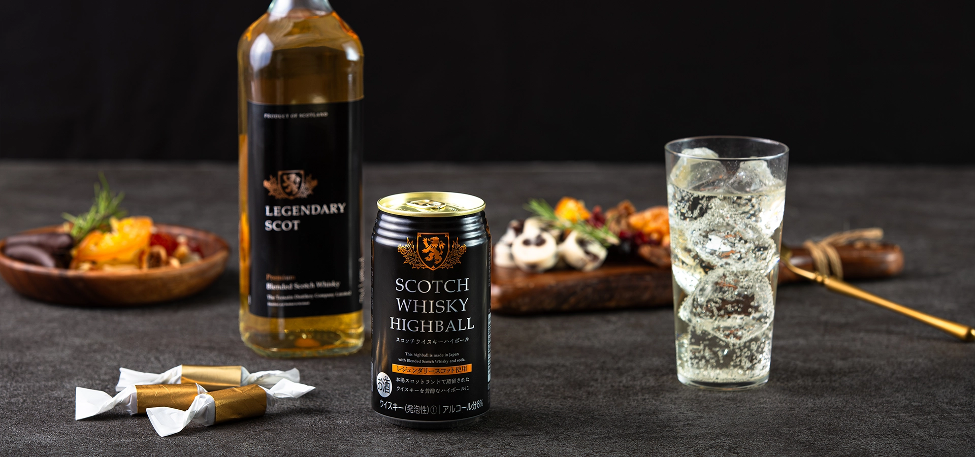 レジェンダリースコットとレジェンダリースコットのハイボール缶、スコッチウイスキーのペアリングイメージ画像